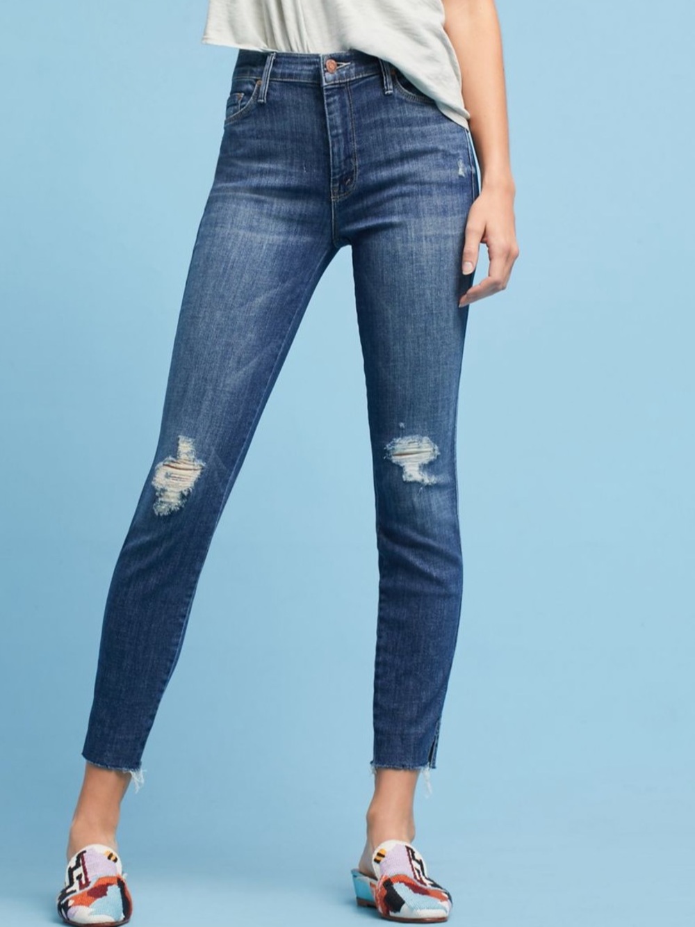 MOTHER the vamp fray high rise distressed skinny jeans medium blue wash sz 27